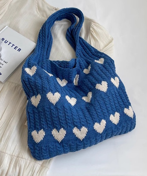 ベルサイユのばら ニットトート 青 プラスニド セール】【A4収納可】長めの持ち手で肩掛けしやすい。レトロハート柄