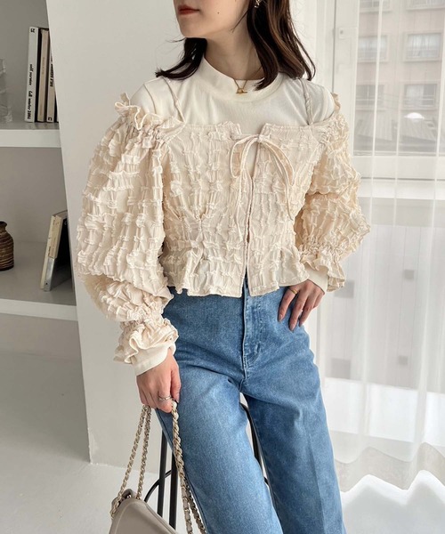 one after another NICE CLAUP（ワンアフターアナザーナイスクラップ）の「2枚セットオフショルブラウス（アンサンブル・レディース・ブラック/アイボリー/サックスブルー・FREE）」の14枚目の写真