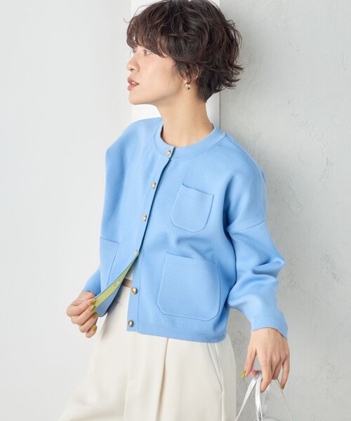 NOLLEY’S（ノーリーズ）の「◇【WEB限定】ポッケ付きクルーネックカーディガン（カーディガン/ボレロ・レディース・オフホワイト/ネイビー/ライトブルー・FREE）」の4枚目の写真