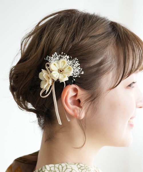 utatane（ウタタネ）の「髪飾り クリップ つまみ細工 梅＆リボン 日本製（和装小物・レディース・クリーム/ピンク/ブルー/レッド・FREE）」の10枚目の写真