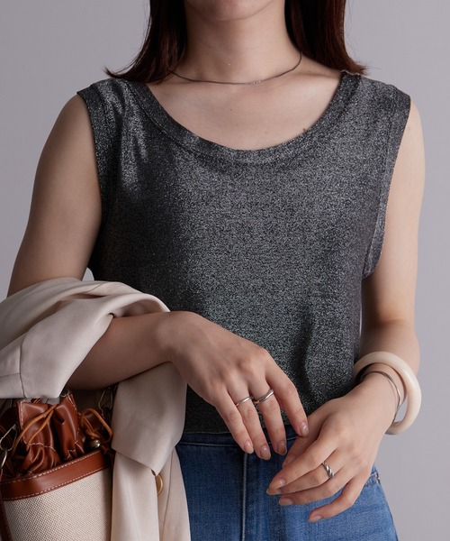 RANAN（ラナン）の「[接触冷感]ラメタンクトップ（Tシャツ/カットソー・レディース・ベージュ/ミント/ブラック/ライトブルー/シルバー・LL/L/M）」の6枚目の写真