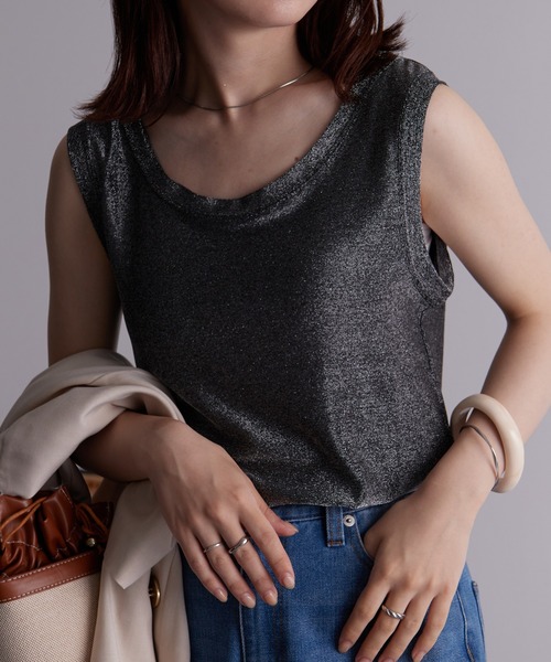 RANAN（ラナン）の「[接触冷感]ラメタンクトップ（Tシャツ/カットソー・レディース・ベージュ/ミント/ブラック/ライトブルー/シルバー・LL/L/M）」の7枚目の写真