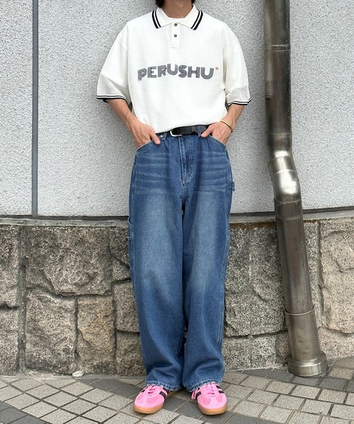 Perushu（ペルーシュ）の「リブ配色ロゴメッシュポロ（ポロシャツ・メンズ・ネイビー/グレイッシュベージュ/オフホワイト・MEDIUM/LARGE）」の2枚目の写真