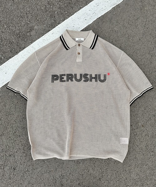 Perushu（ペルーシュ）の「リブ配色ロゴメッシュポロ（ポロシャツ・メンズ・ネイビー/グレイッシュベージュ/オフホワイト・MEDIUM/LARGE）」の3枚目の写真