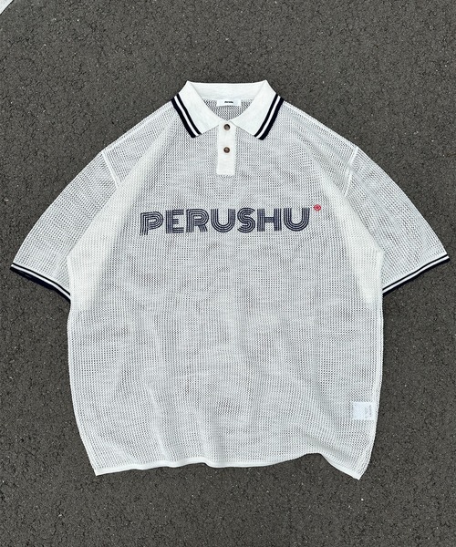 Perushu（ペルーシュ）の「リブ配色ロゴメッシュポロ（ポロシャツ・メンズ・ネイビー/グレイッシュベージュ/オフホワイト・MEDIUM/LARGE）」の14枚目の写真