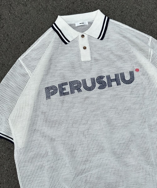 Perushu（ペルーシュ）の「リブ配色ロゴメッシュポロ（ポロシャツ・メンズ・ネイビー/グレイッシュベージュ/オフホワイト・MEDIUM/LARGE）」の6枚目の写真
