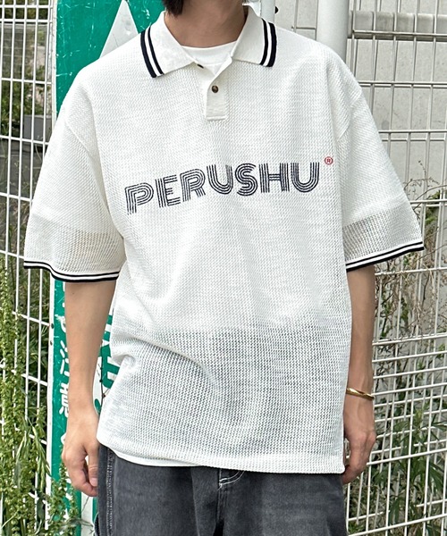 Perushu（ペルーシュ）の「リブ配色ロゴメッシュポロ（ポロシャツ・メンズ・ネイビー/グレイッシュベージュ/オフホワイト・MEDIUM/LARGE）」の22枚目の写真