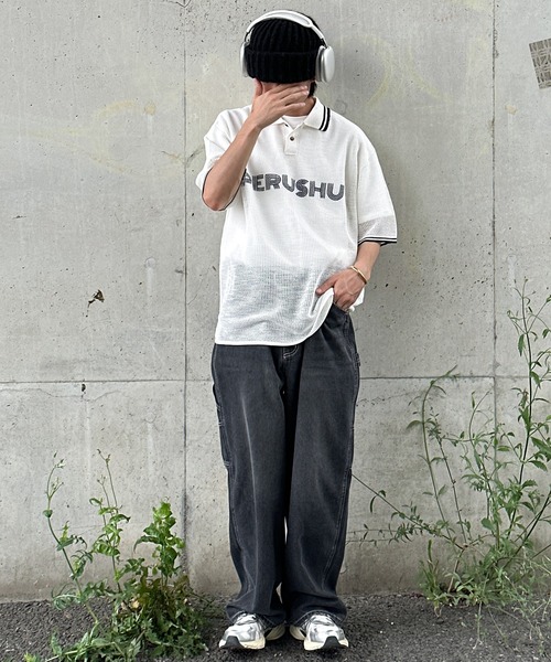 Perushu（ペルーシュ）の「リブ配色ロゴメッシュポロ（ポロシャツ・メンズ・ネイビー/グレイッシュベージュ/オフホワイト・MEDIUM/LARGE）」の19枚目の写真