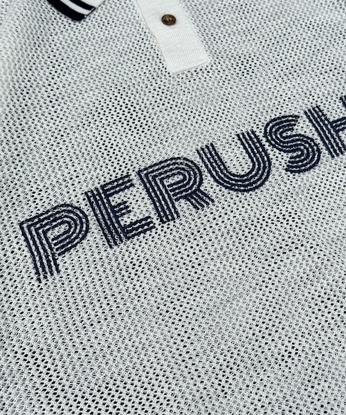 Perushu（ペルーシュ）の「リブ配色ロゴメッシュポロ（ポロシャツ・メンズ・ネイビー/グレイッシュベージュ/オフホワイト・MEDIUM/LARGE）」の7枚目の写真