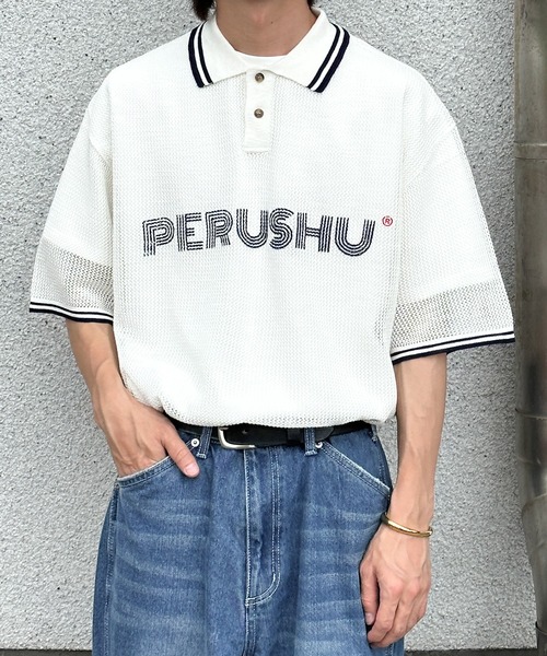 Perushu（ペルーシュ）の「リブ配色ロゴメッシュポロ（ポロシャツ・メンズ・ネイビー/グレイッシュベージュ/オフホワイト・MEDIUM/LARGE）」の12枚目の写真