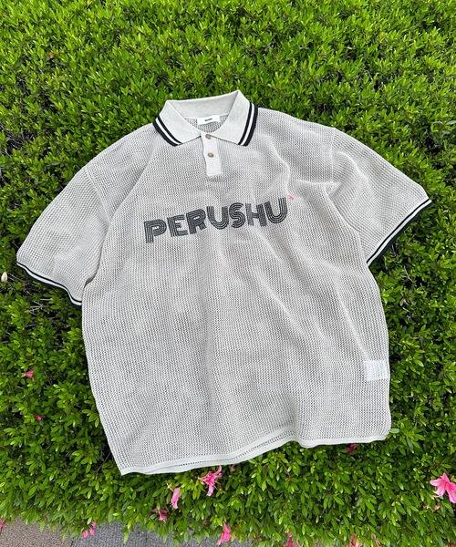 Perushu（ペルーシュ）の「リブ配色ロゴメッシュポロ（ポロシャツ・メンズ・ネイビー/グレイッシュベージュ/オフホワイト・MEDIUM/LARGE）」の8枚目の写真