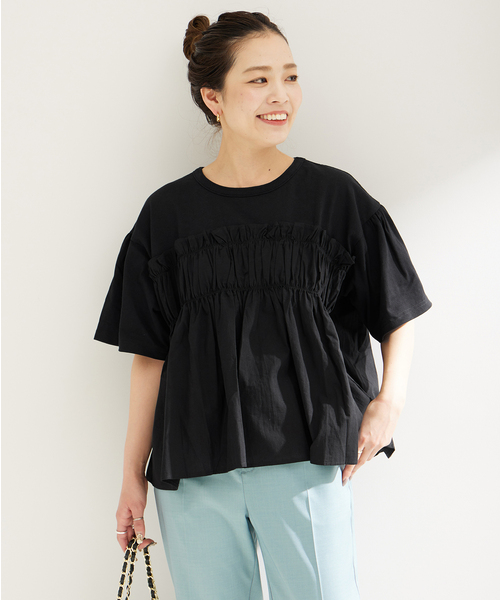 B.C STOCK(ベーセーストック)の「《追加》布帛コンビギャザートップス(Tシャツ/カットソー・レディース・ホワイト/ブラック・FREE)」の6枚目の写真