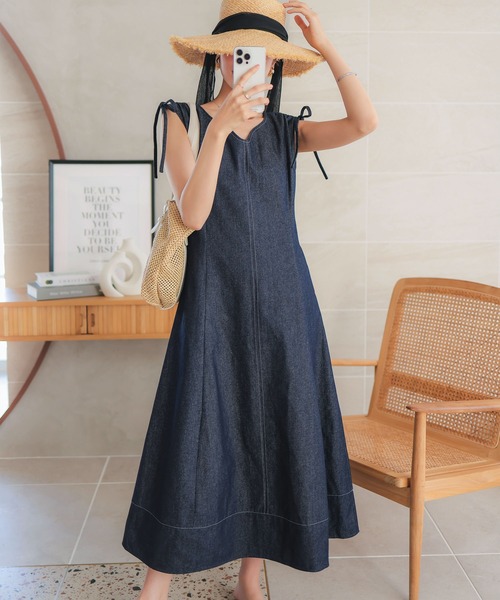 KOBE LETTUCE（コウベレタス）の「肩リボンハートネックデニムワンピース（ワンピース・レディース・ブラック/ブルー/インディゴブルー・M/L）」の11枚目の写真