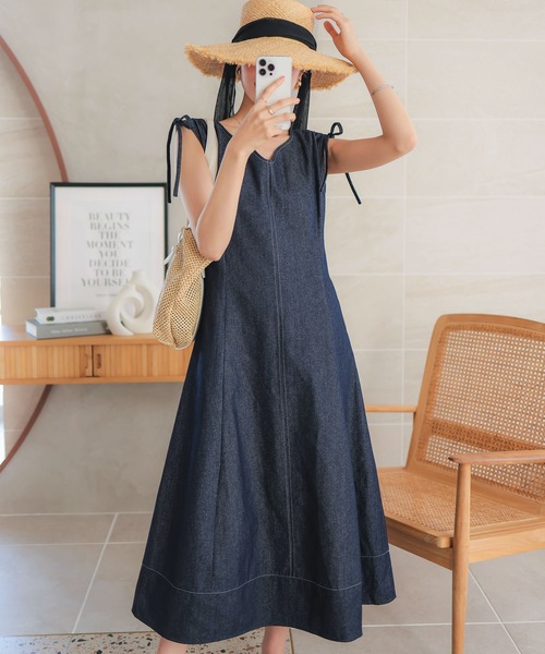 KOBE LETTUCE（コウベレタス）の「肩リボンハートネックデニムワンピース（ワンピース・レディース・ブラック/ブルー/インディゴブルー・M/L）」の9枚目の写真