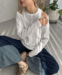 オープンショルダーワッフルロンTee