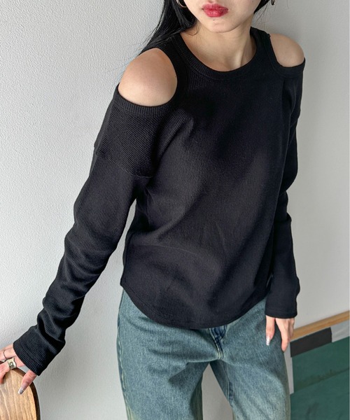 feepur(フェピュール)の「オープンショルダーワッフルロンTee(Tシャツ/カットソー・レディース・ブラック/オフホワイト/チャコールグレー・MEDIUM)」の18枚目の写真