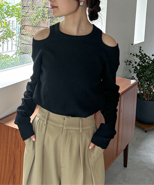 feepur(フェピュール)の「オープンショルダーワッフルロンTee(Tシャツ/カットソー・レディース・ブラック/オフホワイト/チャコールグレー・MEDIUM)」の11枚目の写真