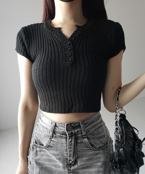 3color 】キーネックショートサマーリブニットトップス ／ Key
