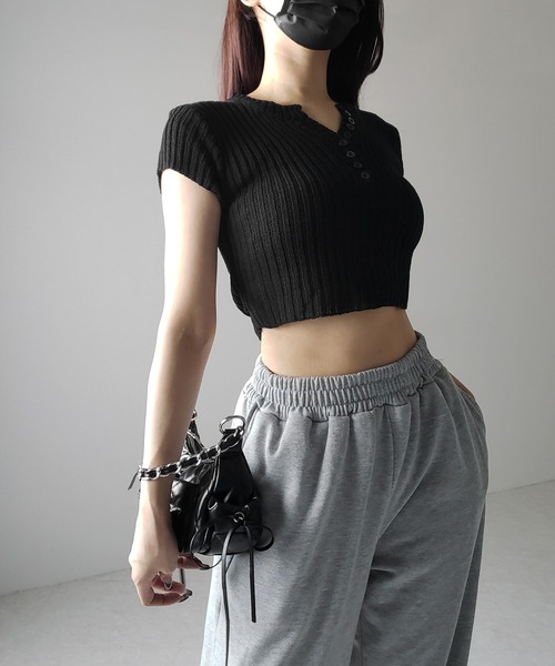 3color 】キーネックショートサマーリブニットトップス ／ Key neck