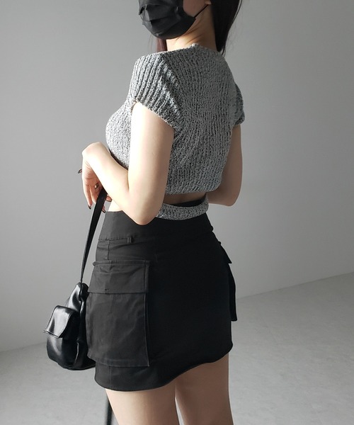 me+em select(ミームセレクト)の「【 3color 】キーネックショートサマーリブニットトップス / Key neck short summer rib knit tops(ニット/セーター・レディース・グレー/アイボリー/ブラック・FREE)」の6枚目の写真