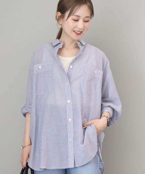 AMERICAN HOLIC(アメリカンホリック)の「接触冷感Wポケットボイルシャツ(シャツ/ブラウス・レディース・ホワイト系その他7/ブラック系その他3/ストライプ・L/M)」の2枚目の写真