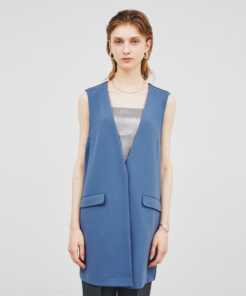 ◆【セットアップ／手洗い可】カットジョーゼットノーカラージレベスト