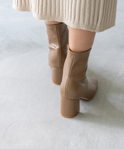 セール】斜め切替デザイン スクエアトゥ 6cmヒール ショートブーツ
