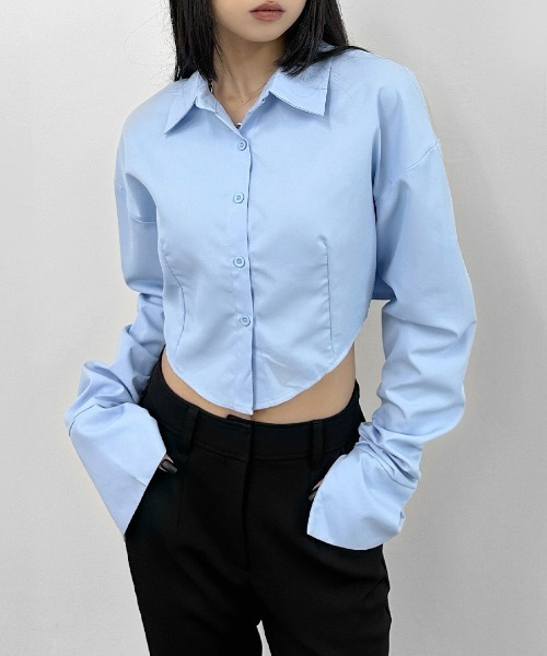 【LVEU.】シャーリングスリーブクロップドシャツ / トップス シャツ クロップド ショート シャーリング モード系 長袖 モード ブラック ブルー（シャツ/ブラウス）｜LVEU.（ラブユ.）