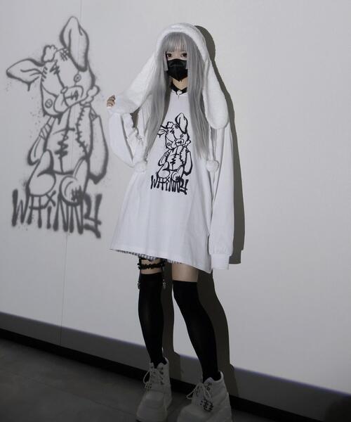 Whinny(ホワイニー)の「Whinny/反抗期闇うさぎ(Tシャツ/カットソー・レディース・ブラック/ホワイト・FREE)」の5枚目の写真