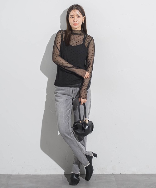 ドットフロッキーチュールモックネック≪手洗い可能≫（Tシャツ