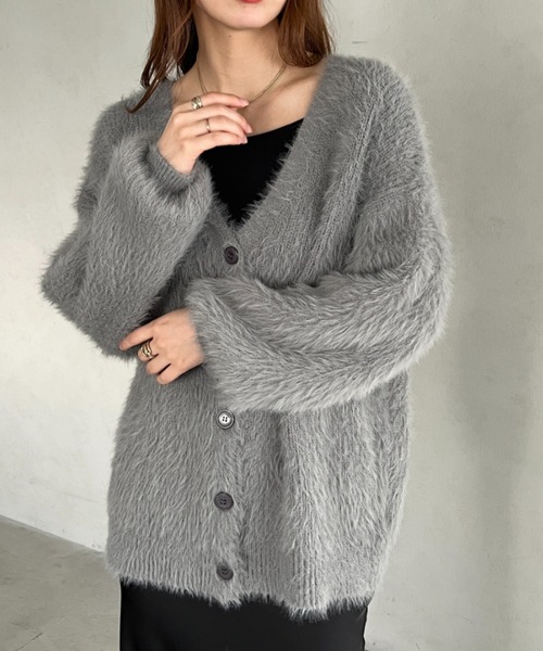 セール】ルーズシルエットVネックシャギーニットカーディガン