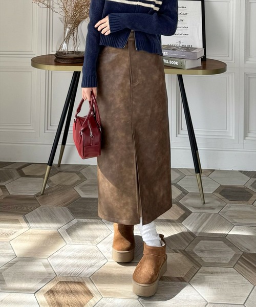 セール】【低身長用サイズ有】Iライン合皮ロングスカート[大人 セール】【低身長用サイズ有】Iライン合皮ロングスカート[大人
