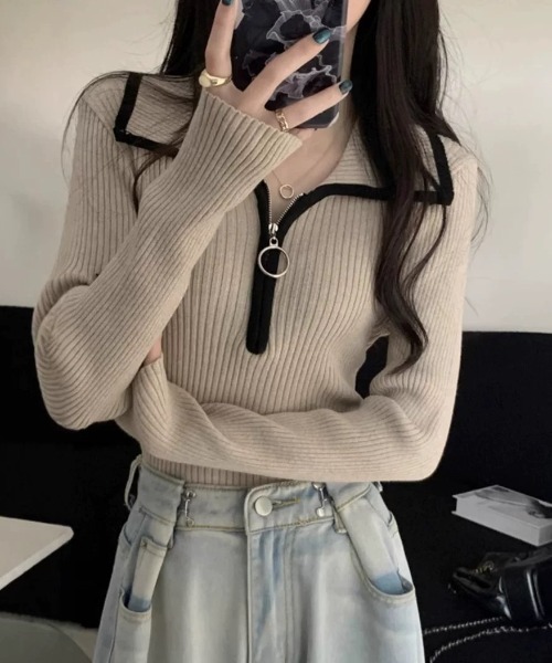 gossip！ロサンゼルス（ゴシップロサンゼルス）の「ハーフジップ ファスナー付き バイカラーシンプルカジュアルニット（ニット/セーター・レディース・ライトブラウン/グレー/ベージュ・FREE）」の3枚目の写真