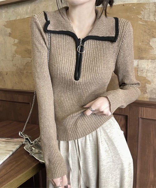 gossip！ロサンゼルス（ゴシップロサンゼルス）の「ハーフジップ ファスナー付き バイカラーシンプルカジュアルニット（ニット/セーター・レディース・ライトブラウン/グレー/ベージュ・FREE）」の20枚目の写真