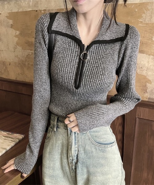 gossip！ロサンゼルス（ゴシップロサンゼルス）の「ハーフジップ ファスナー付き バイカラーシンプルカジュアルニット（ニット/セーター・レディース・ライトブラウン/グレー/ベージュ・FREE）」の21枚目の写真
