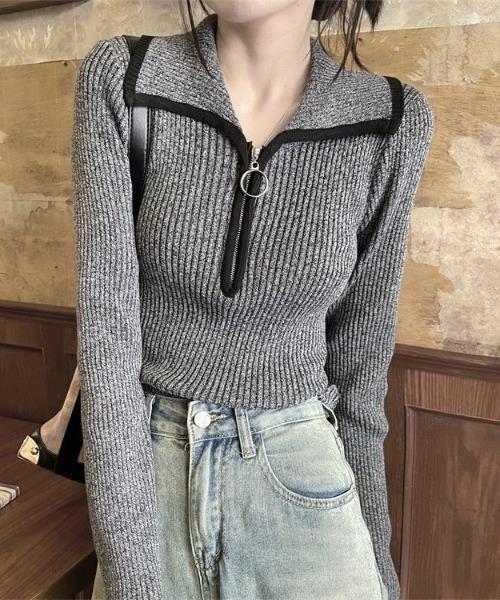 gossip！ロサンゼルス（ゴシップロサンゼルス）の「ハーフジップ ファスナー付き バイカラーシンプルカジュアルニット（ニット/セーター・レディース・ライトブラウン/グレー/ベージュ・FREE）」の22枚目の写真
