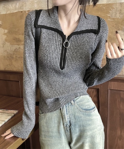 gossip！ロサンゼルス（ゴシップロサンゼルス）の「ハーフジップ ファスナー付き バイカラーシンプルカジュアルニット（ニット/セーター・レディース・ライトブラウン/グレー/ベージュ・FREE）」の7枚目の写真