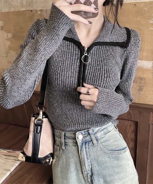 gossip！ロサンゼルス（ゴシップロサンゼルス）の「ハーフジップ ファスナー付き バイカラーシンプルカジュアルニット（ニット/セーター・レディース・ライトブラウン/グレー/ベージュ・FREE）」の8枚目の写真