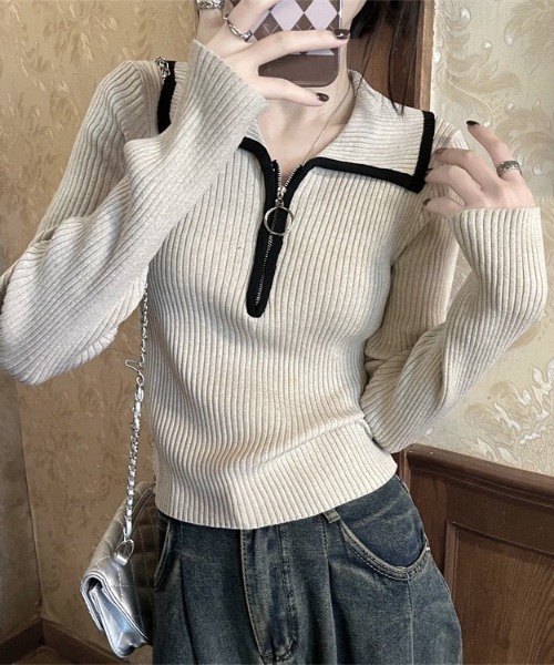 gossip！ロサンゼルス（ゴシップロサンゼルス）の「ハーフジップ ファスナー付き バイカラーシンプルカジュアルニット（ニット/セーター・レディース・ライトブラウン/グレー/ベージュ・FREE）」の9枚目の写真