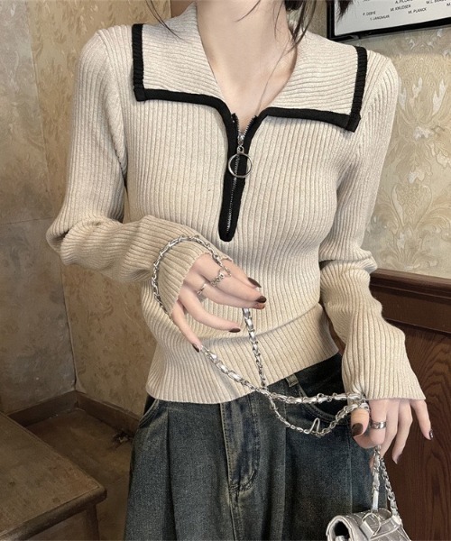 gossip！ロサンゼルス（ゴシップロサンゼルス）の「ハーフジップ ファスナー付き バイカラーシンプルカジュアルニット（ニット/セーター・レディース・ライトブラウン/グレー/ベージュ・FREE）」の10枚目の写真