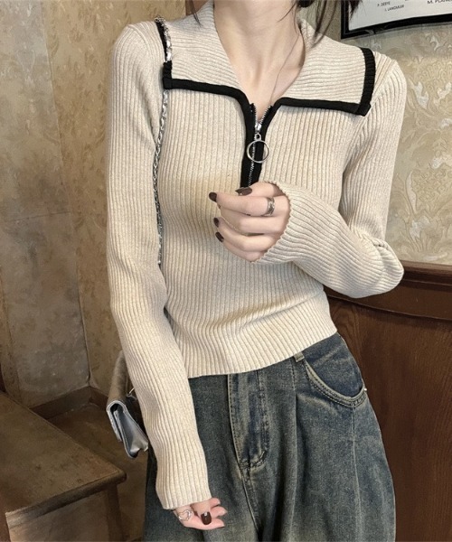 gossip！ロサンゼルス（ゴシップロサンゼルス）の「ハーフジップ ファスナー付き バイカラーシンプルカジュアルニット（ニット/セーター・レディース・ライトブラウン/グレー/ベージュ・FREE）」の11枚目の写真