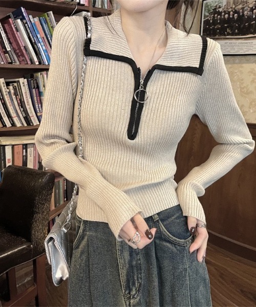 gossip！ロサンゼルス（ゴシップロサンゼルス）の「ハーフジップ ファスナー付き バイカラーシンプルカジュアルニット（ニット/セーター・レディース・ライトブラウン/グレー/ベージュ・FREE）」の12枚目の写真