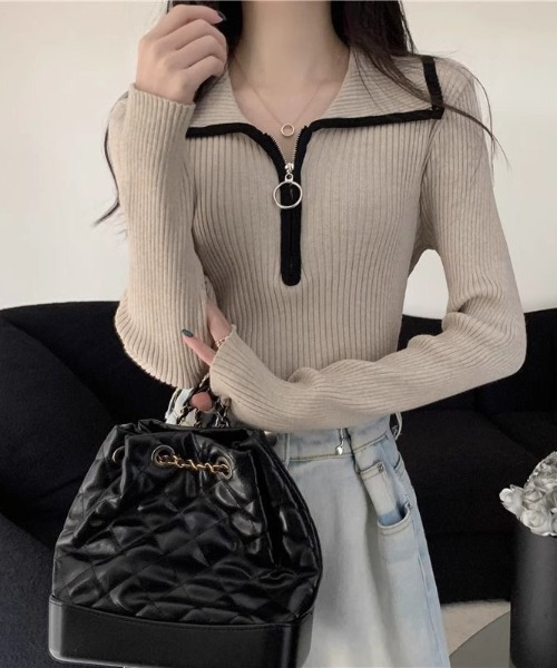 gossip！ロサンゼルス（ゴシップロサンゼルス）の「ハーフジップ ファスナー付き バイカラーシンプルカジュアルニット（ニット/セーター・レディース・ライトブラウン/グレー/ベージュ・FREE）」の13枚目の写真