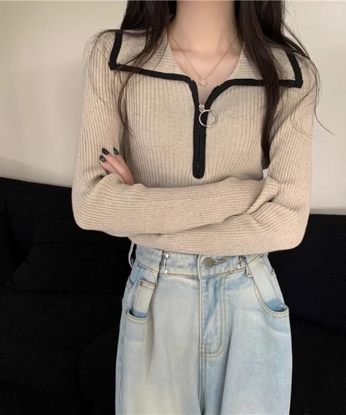 gossip！ロサンゼルス（ゴシップロサンゼルス）の「ハーフジップ ファスナー付き バイカラーシンプルカジュアルニット（ニット/セーター・レディース・ライトブラウン/グレー/ベージュ・FREE）」の14枚目の写真