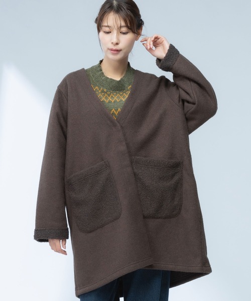 AnNet(アネット)の「切替ポケット ノーカラー ミドルコート(ノーカラーコート・レディース・ブラック/ブラウン・3L/4L/5L)」の1枚目の写真