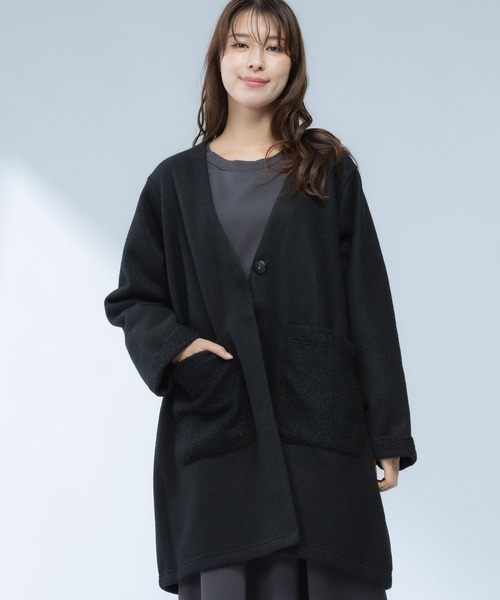 AnNet(アネット)の「切替ポケット ノーカラー ミドルコート(ノーカラーコート・レディース・ブラック/ブラウン・3L/4L/5L)」の2枚目の写真