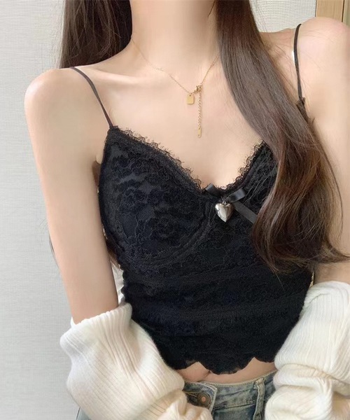 Lace Ladies(レースレディース)の「花柄 レース バック シャーリング カップ付き キャミソール(キャミソール・レディース・ブラック/アイボリー/ホワイト・FREE)」の1枚目の写真