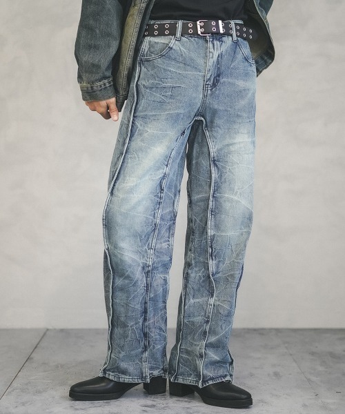 【セール】Cut design vintage wash wide denim pants / カットデザインビンテージウォッシュワイドデニムパンツ（デニムパンツ）｜Shoowtime（ショウタイム） 5,940円