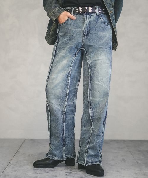 Shoowtime(ショウタイム)の「Cut design vintage wash wide denim pants / カットデザインビンテージウォッシュワイドデニムパンツ(デニムパンツ・メンズ・ブルー・SMALL/MEDIUM/LARGE/X-LARGE)」の2枚目の写真