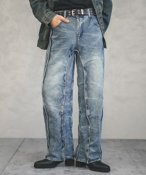 Shoowtime(ショウタイム)の「Cut design vintage wash wide denim pants / カットデザインビンテージウォッシュワイドデニムパンツ(デニムパンツ・メンズ・ブルー・SMALL/MEDIUM/LARGE/X-LARGE)」の3枚目の写真